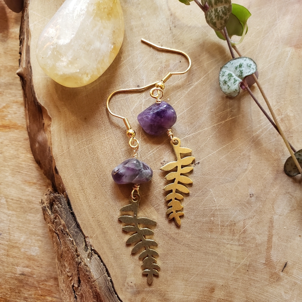 Handmade Elegant Purple Amethyst Raw Bass Leaf Golden Earrings